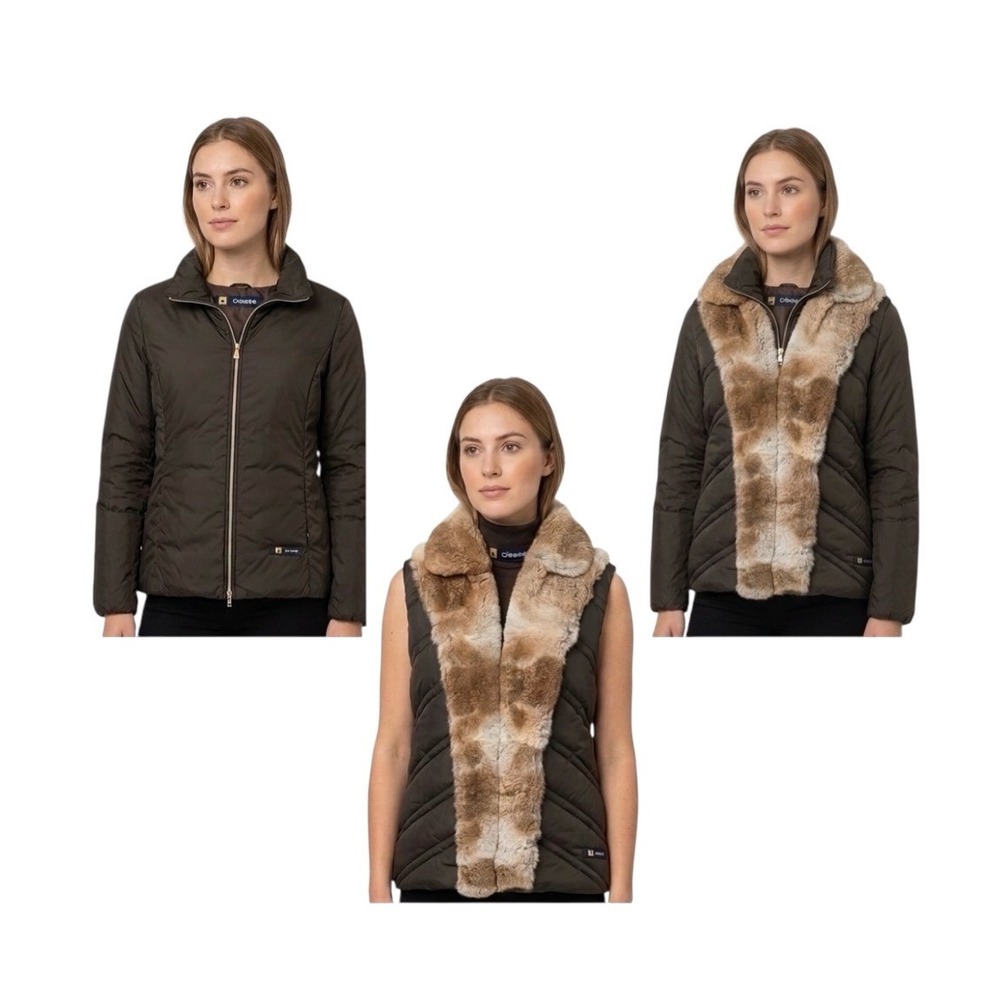 VTG Ciesse Piumini Women 3-in-1 Down Puffer Jacket Vest Rabbit Fur Trim Brown M